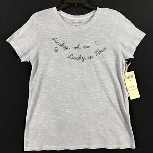Lucky Brand T Shirt Womens Gray M Embroidered Script "Lucky, oh so lucky in Love